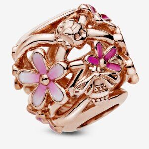 Openwork Pink Daisy Flower Charm Rose Gold Plated